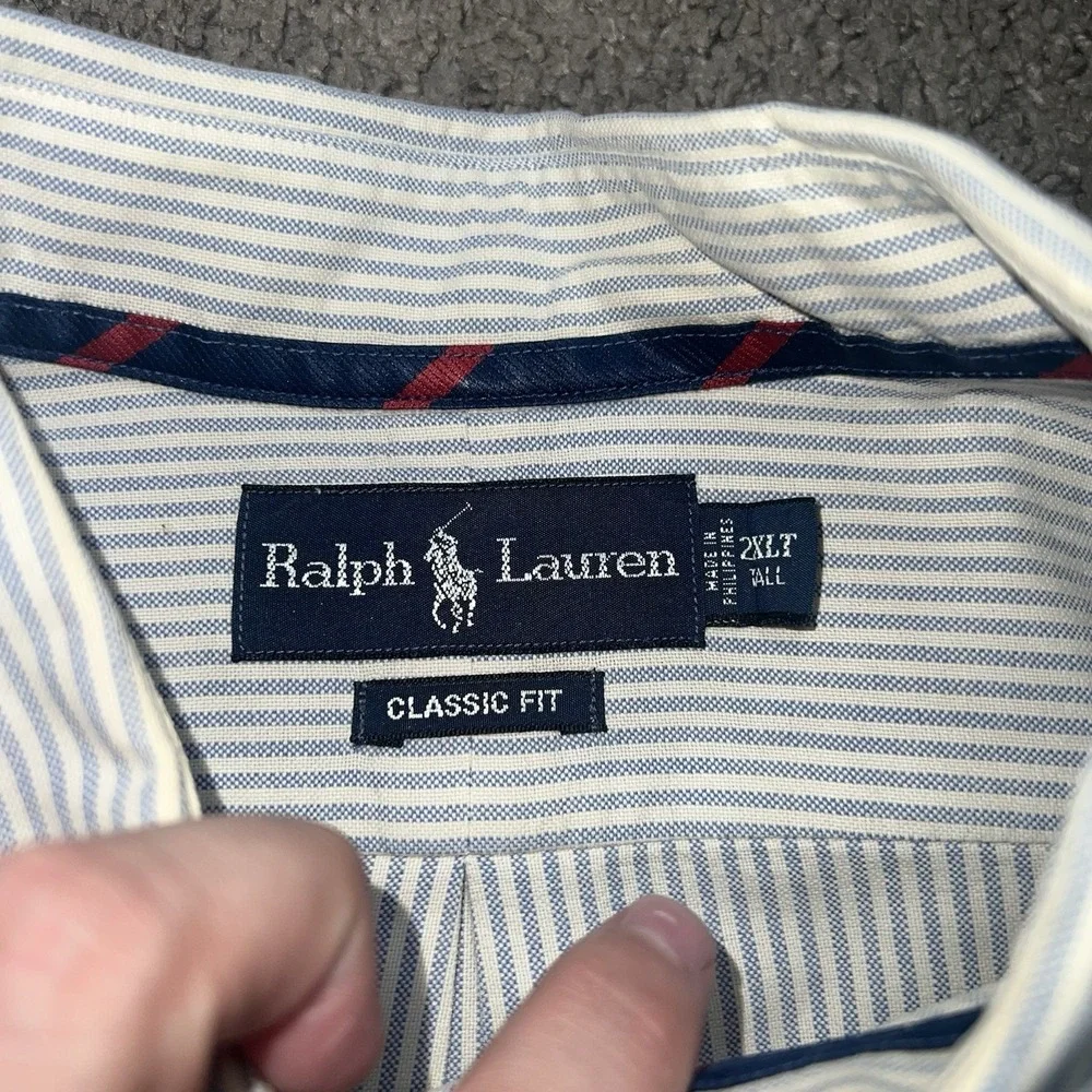 Ralph Lauren Shirt Mens 2XLT White Striped Classic Polo Long Sleeve Flesh Pony
